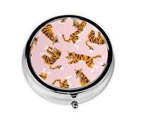 Tigres lindos animales de circo sobre el fondo rosa, Pastillero, Pastillero redondo Pequeño contenedor de pastillas Organizador de pastillas de viaje