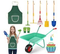 Tigvio 10 herramientas de jardín para niños con carretilla, 5 piezas de herramientas de jardín, pala, guantes, delantal, regadera, bolsa de almacenamiento, carretilla infantil, regalo para jardineros