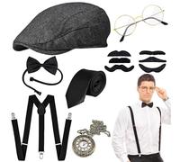 Tigvio Disfraz de los años 20 para hombre, disfraz de mafia para hombre, disfraz de Peaky Blinders, Gatsby Gangster de los años 20, accesorios con sombrero de Panamá, tirantes, relojes de bolsillo,