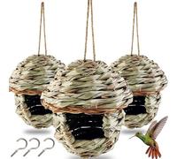 TIHOOD 3 casas de colibrí, nido de pájaros tejido a mano para colgar al aire libre, casas de pájaros de hierba pequeña para exteriores, cabaña de pájaros de fibra natural, bolsillo para gallo para