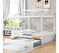 Tiiiopkvvv Cama de casa de tamaño matrimonial con patas de apoyo nido que se puede decorar la cama y ahorrar espacio, cama de madera extraíble disponible compatible con adultos y niños (blanco S