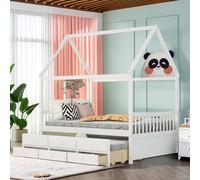 Tiiiopkvvv Cama de madera de tamaño matrimonial con nido y 3 cajones de almacenamiento, resistente y no requiere somier, diseño elegante, color blanco
