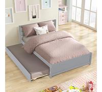Tiiiopkvvv Cama funcional de plataforma de madera de tamaño matrimonial con cama nido de tamaño individual, cabecera de listones y estribo de panel de perfil bajo, no necesita somier, 79.5 pulgadas de