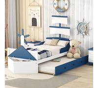 Tiiiopkvvv Cama individual con plataforma en forma de barco para niños con nido y almacenamiento, cama individual de madera compatible con niños, adolescentes, no necesita somier, fácil de montar