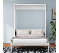 Tiiiopkvvv Cama Murphy de madera tamaño matrimonial, diseño que ahorra espacio, 61.5 pulgadas de ancho, cama plegable de pared con escritorio, listones y puertos USB integrados para habitación de
