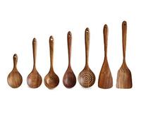 Tiiiopkvvv Juego de 7 cucharas de arroz, cuchara mezcladora, cuchara de sopa, cuchara de sopa grande, cuchara ranurada, espátula plana, espátula, acacia, para sartén antiadherente