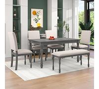 Tiiiopkvvv Juego de mesa de comedor de madera de 6 piezas, una mesa rectangular con patas torneadas, 4 sillas tapizadas y un banco tapizado para comedor/sala de estar (gris)