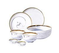 Tiiiopkvvv Juego de vajilla de cocina de 7 piezas con borde dorado, juego de platos redondos de cerámica para cena, platos, cuencos y platos de salsa, servicio para 2 platos