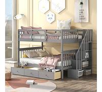 Tiiiopkvvv Litera de escalera matrimonial sobre matrimonial con cajones, almacenamiento y barandilla de protección, se puede separar en dos camas de tamaño matrimonial, perfecta para tu hogar, no