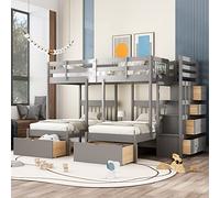 Tiiiopkvvv Litera triple de madera con cajones y barandillas, ahorro de espacio, color blanco, tamaño matrimonial (tamaño matrimonial gris)