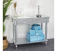 Tiiiopkvvv Mesa consola funcional, mesa de espejo, estante inferior y dos cajones de almacenamiento con pomos de cristal, patas circulares de diseño especial, 31.9 pulgadas de ancho x 13.7 pulgadas de