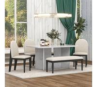 Tiiiopkvvv Mesa de cocina y sillas para 6 modernos juegos de comedor de mármol sintético con banco, juego de mesa de cocina con sillas tapizadas y banco, color gris (blanco)