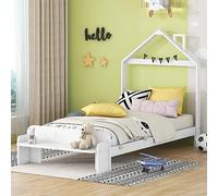 Tiiiopkvvv Plataforma de cama de madera de tamaño matrimonial con cabecero en forma de casa y banco de estribo compatible con niños, adolescentes, no necesita somier/fácil montaje (matrimonial