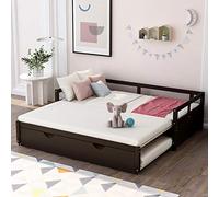 Tiiiopkvvv Sofá cama extensible con práctico nido extraíble, barandillas y listones de madera, patas de pino macizo, no necesita somier, 78 pulgadas de largo x 42.7 pulgadas de ancho x 23.2 pulgadas