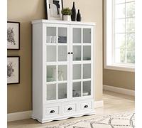 Tiiiopkvvv Vitrina de granja con puertas de vidrio templado, gabinete Curio de 46 pulgadas con estante ajustable y 3 cajones, estantería para sala de estar, pasillo, Kichen, negro (blanco)