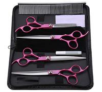 Tijeras de peluquería para mascotas 7 "Juego acero inoxidable rosa roja Kit herramientas corte pelo rectas adelgazamiento Peine