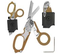Tijeras de trauma plegables multifuncionales 6 en 1, con fundas de cuero compatibles, tijeras de respuesta de emergencia, herramientas de rescate de campamento al aire libre (Color del frijol)