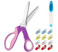 Tijeras Dentadas para Tela, Tijeras Zig Zag Profesionales de Acero Inoxidable, Tijera Costura Zigzag con 1 Cortahílos y 12 Pinzas de Tela para Cortar Telas Costura Sastre