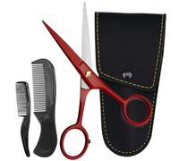 Tijeras para bigote Ontaki para hombre - 12,7 cm - Acero alemán con alto contenido en carbono - Tijeras para recortar la barba - Kit de aseo con peines y bolsa de transporte (Red)