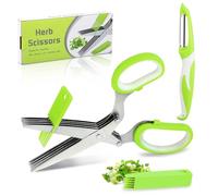 Tijeras para Hierbas - Tijeras de cocina de acero inoxidable con 5 cuchillas - Tijeras de hierbas verdes - con un pelador - Ideal para cortar cebollino, chile y hierbas - imprescindible en la cocina