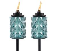 TIKI 2-Pack Topaz Blue Glass Torches - 65" Outdoor Decorative Torches for Patio, Backyard & Garden - Easy Install, Weather-Resistant with Long-Lasting Wick & Snuffer