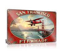 Tiki Bar Accessories - Letrero decorativo de estaño | Puente vintage de San Francisco Golden Gate con biplano rojo, decoración industrial de cabaña (30 x 40 cm)