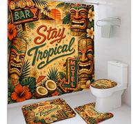 Tiki - Juego de cortinas de ducha, tropical clásico, de coco y hibisco, color naranja, lavable, con ganchos, cortina de ducha y tapete de baño, para decoración de apartamentos, 72 x 72 pulgadas