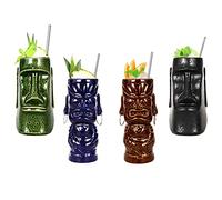 Tiki Mugs 4 tazas Tiki para cócteles, Bar Craft Juego de Vasos de cerámica tiki novedosos cerámica con temática hawaiana para cócteles y fiestas, celebración de festivales de boda,Q6