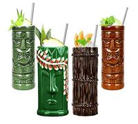 Tiki Mugs 4 tazas Tiki para cócteles, Bar Craft Juego de Vasos de cerámica tiki novedosos cerámica con temática hawaiana para cócteles y fiestas, celebración de festivales de boda,Q4