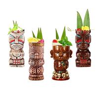 Tiki Mugs 4 tazas Tiki para cócteles, Bar Craft Juego de Vasos de cerámica tiki novedosos cerámica con temática hawaiana para cócteles y fiestas, celebración de festivales de boda,Q10