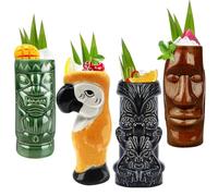 Tiki Mugs - Juego de 4 vasos de cerámica hawaiana Luau para fiesta, vasos de cóctel exóticos, vasos de cóctel Tiki Bar profesional hawaiano, TKSET0003 (4 piezas)