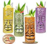 Tiki Mugs - Juego de 4 vasos de cóctel exóticos, vasos de fiesta hawaiana con posavasos y pajitas para Mai Tai, Piña Colada, Tiki Bar