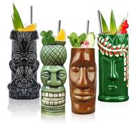 Tiki Mugs TKSET0012 - Juego de 4 tazas de cerámica hawaiana para fiestas, vasos de cóctel exóticos, tiki Bar profesional hawaiano, set de 4 unidades