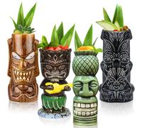 Tiki MugsJuego de 4 tazas tiki para cócteles tazas tropicales de cerámica grandes fiesta hawaiana tiki cóctel copas bebidas bar vasos tropicales