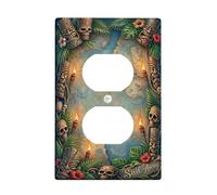 Tiki - Placa de pared dúplex para toma de corriente, diseño de calavera de aventura tropical, de verano, color verde, tamaño estándar, placas de pared para enchufes eléctricos para dormitorio, baño