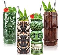 Tiki Tazas Set de 4 - Tazas de cerámica hawaiana para fiestas, tazas Tiki Bar para cócteles, copas tropicales premium para fiestas exóticas - TJB02 (4pcs）