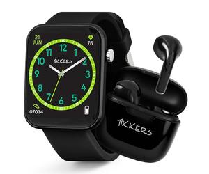 Tikkers Smart Series 13 - Juego de Reloj Inteligente y Auriculares con Correa de Silicona Negra TKS13-0032-SET