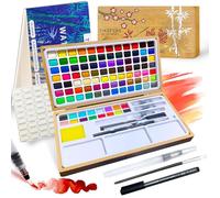 TIKSPCAE Juego de pintura de acuarela, 100 colores en caja de bambú natural, kit de acuarelas portátil con papeles y bolígrafos de pincel, ideal para niños, adultos, principiantes y profesionales