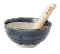 TIKUSAN Juego de mortero y pilón de cerámica Ripple Ridge (Suribachi y Surikogi) con boquilla fabricada en Japón Mino Ware (grande azul)