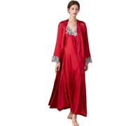 TiLezE Conjunto De Lencería De Satén Para Mujer - 2 Piezas Sexy Camisón Largo Con Encaje Y Batas Kimono Vestido De Noche De Seda Ropa De Dormir Suave Pijamas Ropa De Noche (L,Rojo)