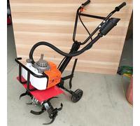 Tiller de jardín de gasolina, motor de gasolina resistente de 2 tiempos con 4 cuchillas, profundidad de labranza ajustable, diseño compacto para espacios pequeños