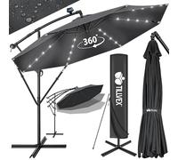 tillvex 300/350 cm Sombrilla Excentrico con 32 Luces LED Solar | Parasol para Terraza Jardín Balcón Patio | con Manivela y Base en Cruz, Giratorio 360º, Protección UV