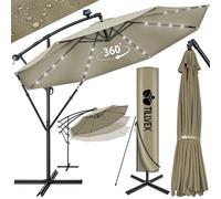 tillvex 300/350 cm Sombrilla Excentrico con 32 Luces LED Solar | Parasol para Terraza Jardín Balcón Patio | con Manivela y Base en Cruz, Giratorio 360º, Protección UV