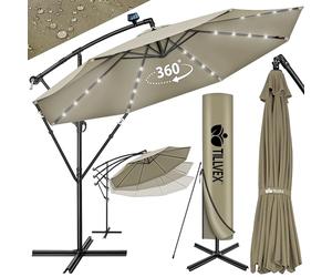 tillvex 300/350 cm Sombrilla Excentrico con 32 Luces LED Solar | Parasol para Terraza Jardín Balcón Patio | con Manivela y Base en Cruz, Giratorio 360º, Protección UV