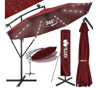 tillvex 300 cm Sombrilla Excentrico con 32 Luces LED Solar y Funda Protectora + cortaviento | Parasol para Terraza Jardín Balcón Patio | con Manivela y Base en Cruz, Giratorio 360º, Protección UV