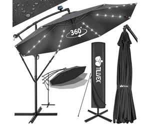tillvex 300 cm Sombrilla Excentrico con 32 Luces LED Solar y Funda Protectora + cortaviento | Parasol para Terraza Jardín Balcón Patio | con Manivela y Base en Cruz, Giratorio 360º, Protección UV