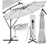 tillvex 350 cm Sombrilla Excentrico con 32 Luces LED Solar | Parasol para Terraza Jardín Balcón Patio | con Manivela y Base en Cruz, Giratorio 360º, Protección UV