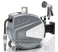 tillvex Carrete para Manguera de agua 15+2m con soporte de pared | Enrollador de manguera con pistola manual y manguera de jardín | Caja de manguera para pared con enrollado automático