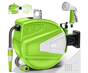 tillvex Carrete para Manguera de agua 15+2m con soporte de pared | Enrollador de manguera con pistola manual y manguera de jardín | Caja de manguera para pared con enrollado automático