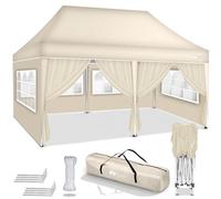 tillvex Cenador plegable 3 x 6 m a prueba de agua, para jardín, plegable, altura ajustable, carpa de protección UV 50+, para fiestas, con bolsa, color beige (con 6 paneles laterales)